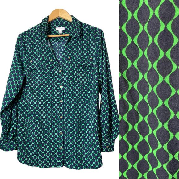 Charter Club Blouse Navy Blue Green Old Money Button Front Top Shirt Size Large - Picture 1 of 5